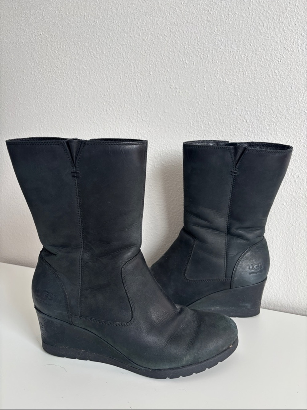 UGG Joely Wedge Womenโs Black Leather Zip Waterproof Boots cozy warm boho